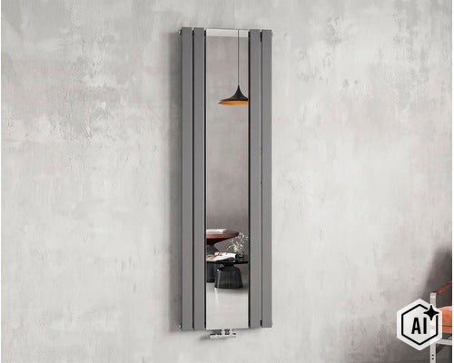 Radiateur design vertical avec miroir intégré, au style moderne, monté sur un mur. (Image AI modified or generated)