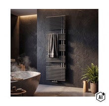 Radiateur sèche-serviettes au design moderne fixé sur un mur en ardoise dans une salle de bains luxueuse. (Image AI modified or generated)