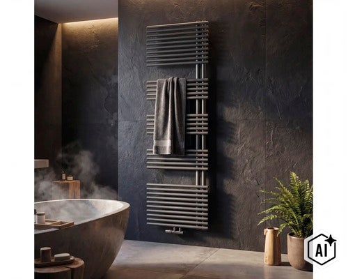 Radiateur sèche-serviettes au design moderne fixé sur un mur en ardoise dans une salle de bains luxueuse. (Image AI modified or generated)