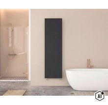 Radiateur design vertical moderne dans une salle de bain lumineuse et élégante avec baignoire îlot et douche à l'italienne. (Image AI modified or generated)