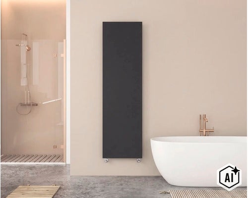Radiateur design vertical moderne dans une salle de bain lumineuse et élégante avec baignoire îlot et douche à l'italienne. (Image AI modified or generated)