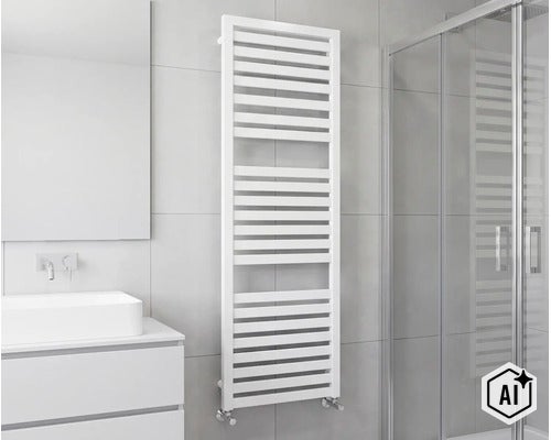 Moderner Badheizkörper als Handtuchwärmer montiert an einer gefliesten Wand in einem hellen Badezimmer mit Waschbecken und Duschkabine (Image AI modified or generated)