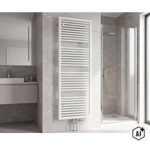 Moderner Badheizkörper in einem eleganten Badezimmer mit Waschtisch und Duschkabine (Image AI modified or generated)