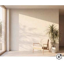Espace de vie lumineux et minimaliste avec un fauteuil en bois et une plante en pot devant un mur lisse avec une lumière douce. (Image AI modified or generated)