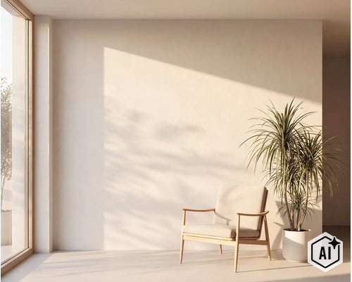 Espace de vie lumineux et minimaliste avec un fauteuil en bois et une plante en pot devant un mur lisse avec une lumière douce. (Image AI modified or generated)