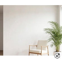 Espace de vie lumineux avec un fauteuil moderne en bois et une grande plante d'intérieur devant un mur épuré. (Image AI modified or generated)