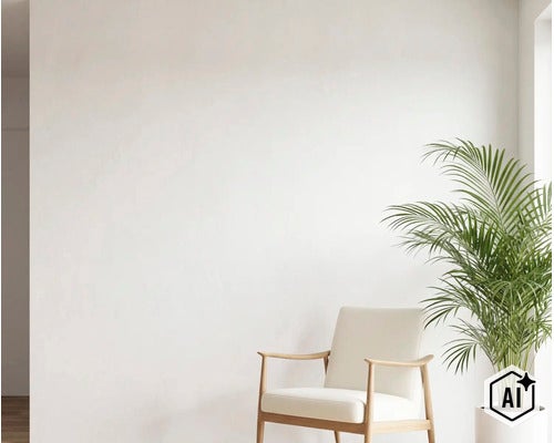 Espace de vie lumineux avec un fauteuil moderne en bois et une grande plante d'intérieur devant un mur épuré. (Image AI modified or generated)