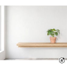 Étagère murale en bois sur un mur blanc avec une plante dans un pot en terre cuite (Image AI modified or generated)