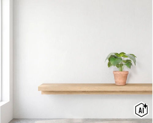 Étagère murale en bois sur un mur blanc avec une plante dans un pot en terre cuite (Image AI modified or generated)