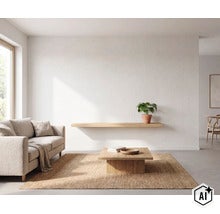 Un salon lumineux avec un canapé clair, une table basse en bois et une étagère murale en bois sur un mur blanc épuré avec une plante. (Image AI modified or generated)