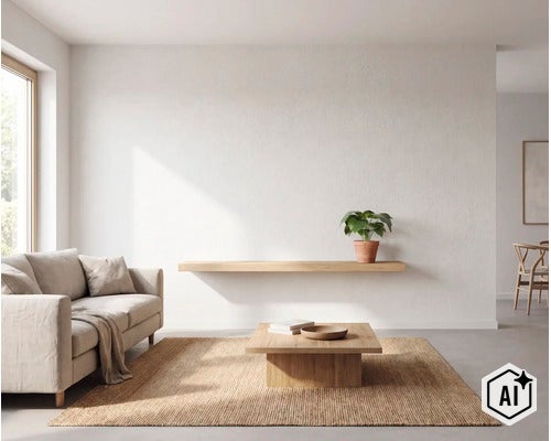 Un salon lumineux avec un canapé clair, une table basse en bois et une étagère murale en bois sur un mur blanc épuré avec une plante. (Image AI modified or generated)