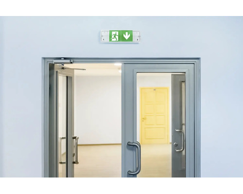 Notausgangsleuchte mit Fluchtwegpiktogramm über einer offenen doppelflügeligen Metalltür in einem Flur.