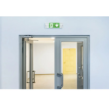 Fluchtwegleuchte über einer doppelflügeligen Tür mit Metallrahmen und Stangengriffen in einem Innenraum.