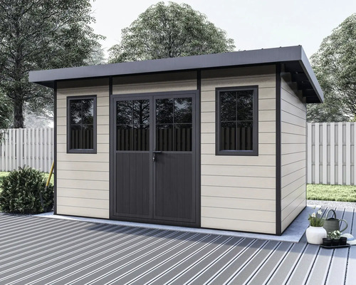 Modernes Gartenhaus mit Pultdach, Doppeltür und zwei Fenstern, auf einer Terrasse stehend, im Garten.