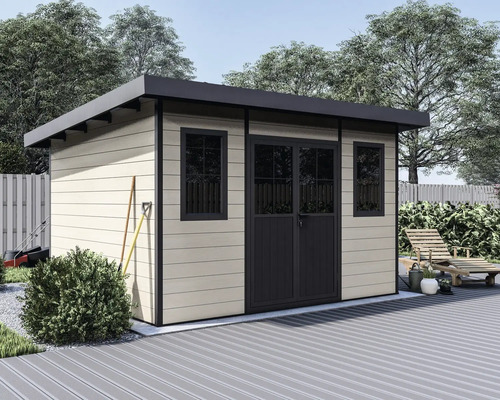 Abri de jardin moderne en bois avec toit en pente, double porte et fenêtres sur une terrasse dans un jardin.