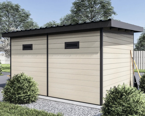 Abri de jardin moderne avec toit plat, panneaux aspect bois et grilles de ventilation dans un jardin bien entretenu.
