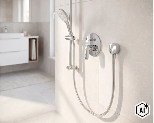 Moderne Unterputz Duscharmatur mit Handbrause und Duschstange an gefliester Wand in einem hellen Badezimmer. (Image AI modified or generated)
