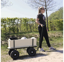 Une femme tire une charrette en bois avec des roues en caoutchouc sur un chemin extérieur par temps ensoleillé.