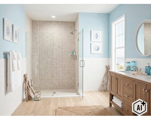 Salle de bains moderne de style maritime avec douche à l'italienne, carrelage en mosaïque, meuble sous vasque en bois et murs clairs. (Image AI modified or generated)