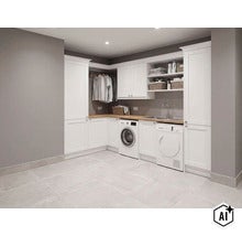 Buanderie moderne avec armoires blanches, lave-linge, sèche-linge et plan de travail en bois. (Image AI modified or generated)