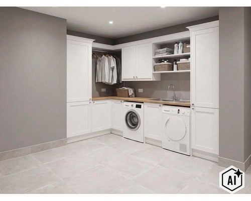 Buanderie moderne avec armoires blanches, lave-linge, sèche-linge et plan de travail en bois. (Image AI modified or generated)