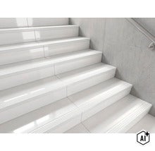 Escalier avec carreaux de marche lisses et bord de sécurité strié devant un mur en béton avec main courante (Image AI modified or generated)