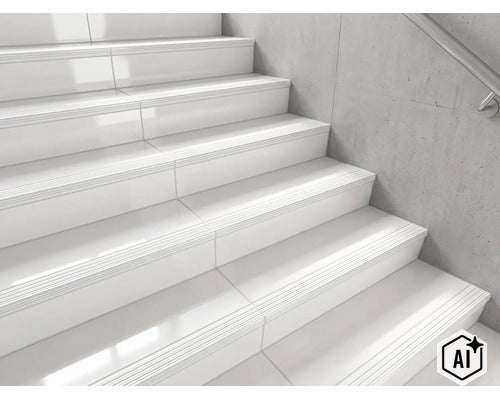 Escalier avec carreaux de marche lisses et bord de sécurité strié devant un mur en béton avec main courante (Image AI modified or generated)