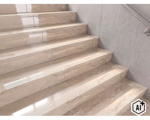 Escalier revêtu de carreaux de marche en aspect marbre avec bord profilé devant un mur clair avec main courante. (Image AI modified or generated)
