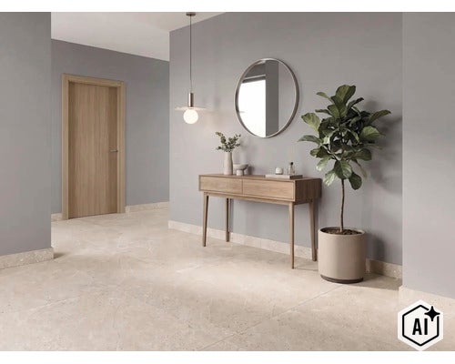 Hall moderne avec carrelage beige aspect pierre, une console en bois, un miroir mural rond, une suspension et une plante d’intérieur. (Image AI modified or generated)