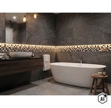 Salle de bain moderne avec baignoire îlot, vasque, frise en mosaïque et éclairage indirect sur un mur aspect ardoise. (Image AI modified or generated)