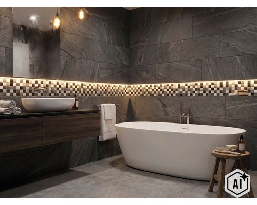 Salle de bain moderne avec baignoire îlot, vasque, frise en mosaïque et éclairage indirect sur un mur aspect ardoise. (Image AI modified or generated)
