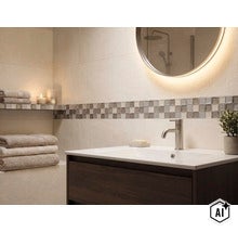 Salle de bain moderne avec lavabo, miroir rond éclairé et frise décorative en mosaïque sur le mur. (Image AI modified or generated)