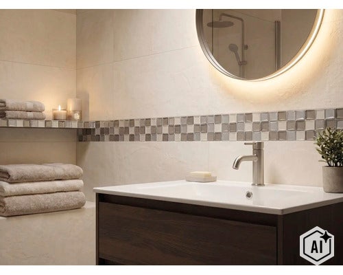 Salle de bain moderne avec lavabo, miroir rond éclairé et frise décorative en mosaïque sur le mur. (Image AI modified or generated)