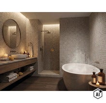Salle de bain moderne avec douche à l italienne, baignoire îlot, meuble vasque en bois et carrelage mosaïque sur les murs. (Image AI modified or generated)