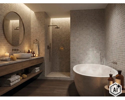 Salle de bain moderne avec douche à l italienne, baignoire îlot, meuble vasque en bois et carrelage mosaïque sur les murs. (Image AI modified or generated)