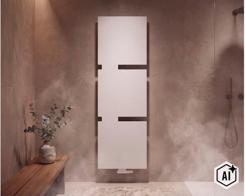 Radiateur sèche serviettes design moderne installé verticalement sur un mur carrelé dans une salle de bain avec banc en bois et plante. (Image AI modified or generated)