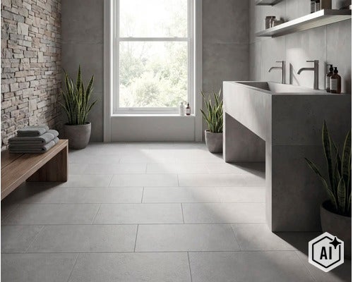 Modernes Badezimmer mit großformatigen Fliesen in Betonoptik, einer Natursteinwand und einem freistehenden Waschbecken vor einem großen Fenster. (Image AI modified or generated)