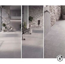 Moderne Bodenfliesen in Steinoptik verlegt in einem Wohnbereich, Fitnessraum und Badezimmer mit Natursteinwand. (Image AI modified or generated)