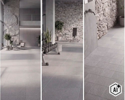 Moderne Bodenfliesen in Steinoptik verlegt in einem Wohnbereich, Fitnessraum und Badezimmer mit Natursteinwand. (Image AI modified or generated)