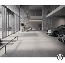 Moderne geräumige Garage mit großen Glasfenstern, Bodenfliesen und Akzentwänden aus Naturstein. (Image AI modified or generated)
