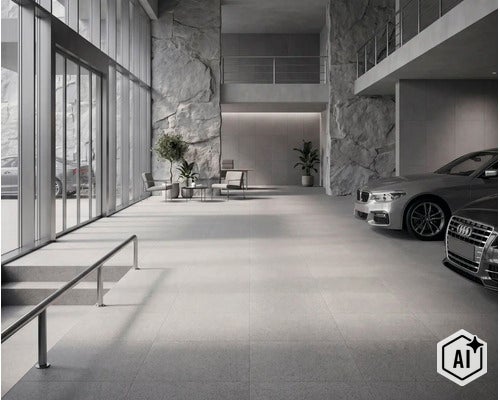 Moderne geräumige Garage mit großen Glasfenstern, Bodenfliesen und Akzentwänden aus Naturstein. (Image AI modified or generated)