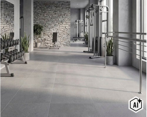 Geräumiges Fitnessstudio mit großen quadratischen Fliesen, einer Natursteinwand und modernen Trainingsgeräten in heller, funktionaler Umgebung. (Image AI modified or generated)