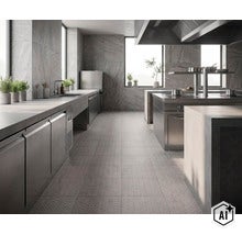 Moderne professionelle Industrieküche mit Edelstahlgeräten, Arbeitsflächen aus Beton und Fliesenboden in einer geräumigen und hellen Umgebung. (Image AI modified or generated)