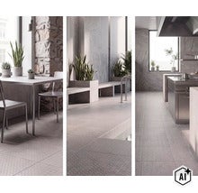 Drei Innenraumszenen mit Fliesen in Steinoptik und Metallstruktur für moderne Wohnbereiche wie Esszimmer, Wellnessbereich und Küche. (Image AI modified or generated)