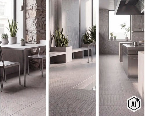 Drei Innenraumszenen mit Fliesen in Steinoptik und Metallstruktur für moderne Wohnbereiche wie Esszimmer, Wellnessbereich und Küche. (Image AI modified or generated)