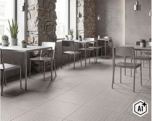 Moderne Gastronomie mit grauen Fliesen in Riffelblechoptik und rauen Natursteinwänden sowie minimalistischen Metallstühlen und Tischen. (Image AI modified or generated)