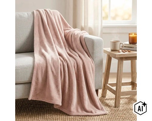 Un plaid doux est posé de manière décorative sur un canapé gris à côté d une table d appoint en bois dans un salon confortablement aménagé. (Image AI modified or generated)