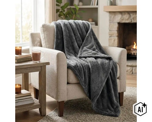 Un plaid en polaire douce drape sur un fauteuil dans un salon chaleureux avec une cheminee. (Image AI modified or generated)
