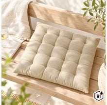 Coussin de siège carré matelassé posé sur un banc de jardin en bois. (Image AI modified or generated)