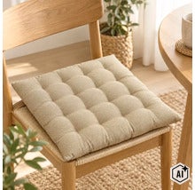 Coussin d'assise carré matelassé posé sur une chaise en bois dans un intérieur lumineux et naturel (Image AI modified or generated)